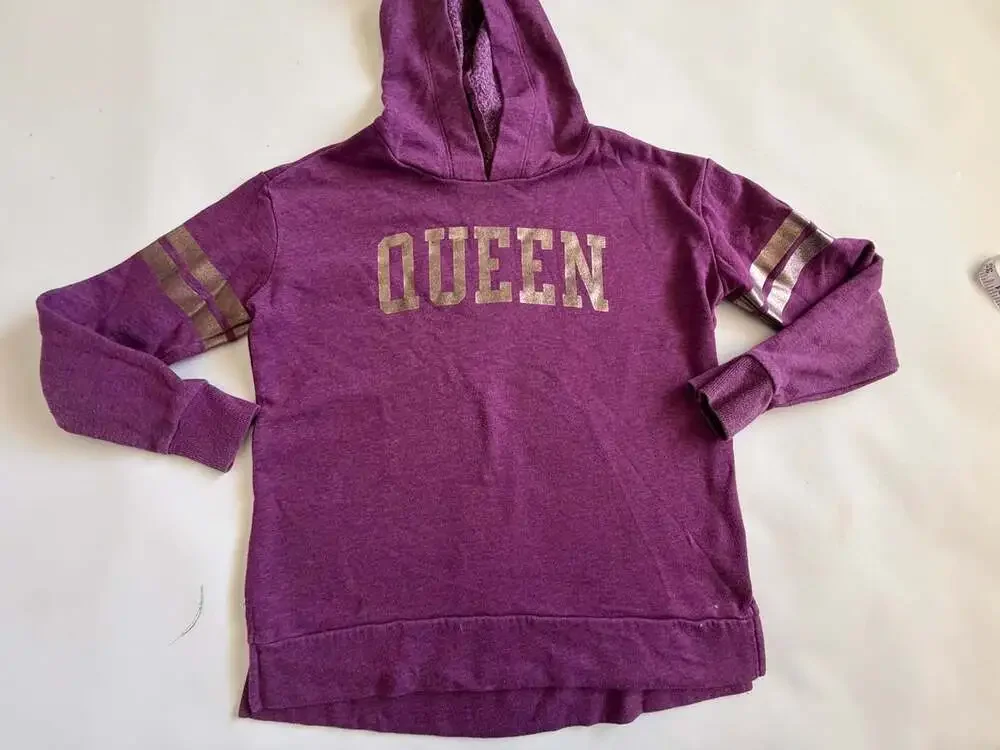 Children's Place Girls Purple Hoodie Size 10/12 Queen Gold Stripe Sleeves Y2K